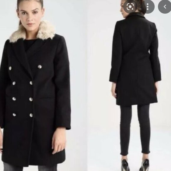 Topshop Navy/Black Military Removable Fur Collar Trench Slim Fit Jacket - Picture 2 of 2